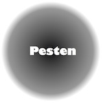 Het woord 'pesten' in een zwarte, sombere cirkel.